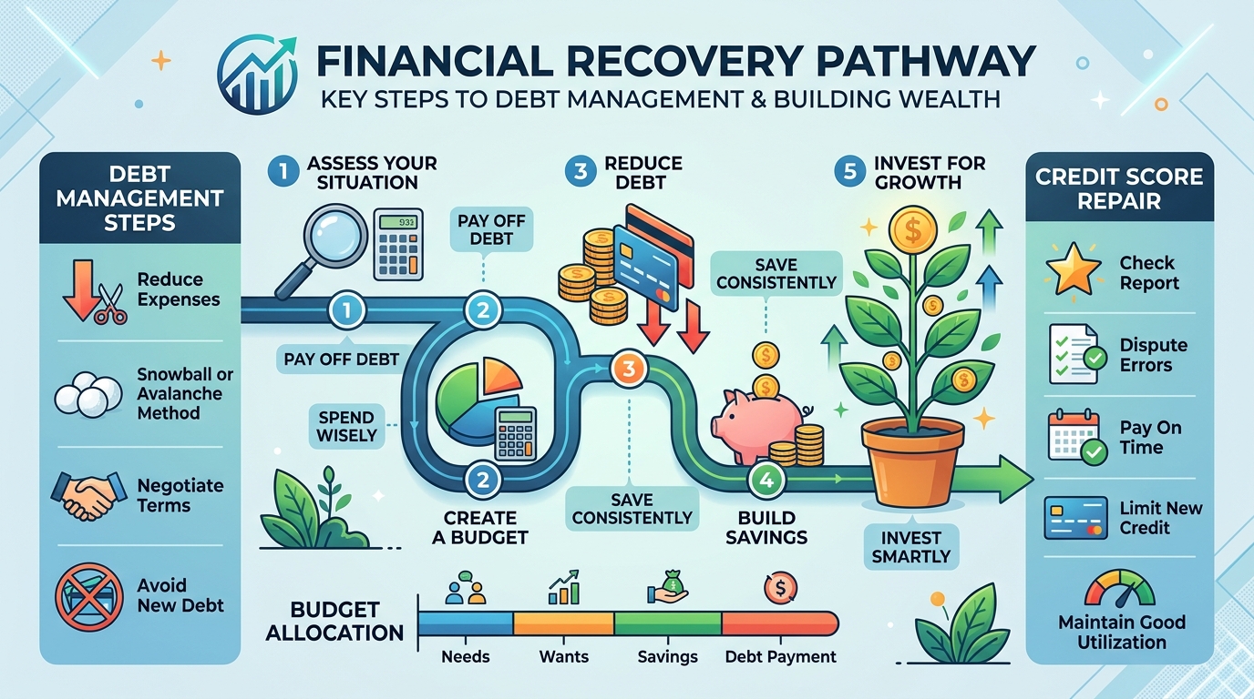 Financial recovery and debt repair infographic showing budget allocation pie chart, green investment growth plant, and credit score restructuring steps.