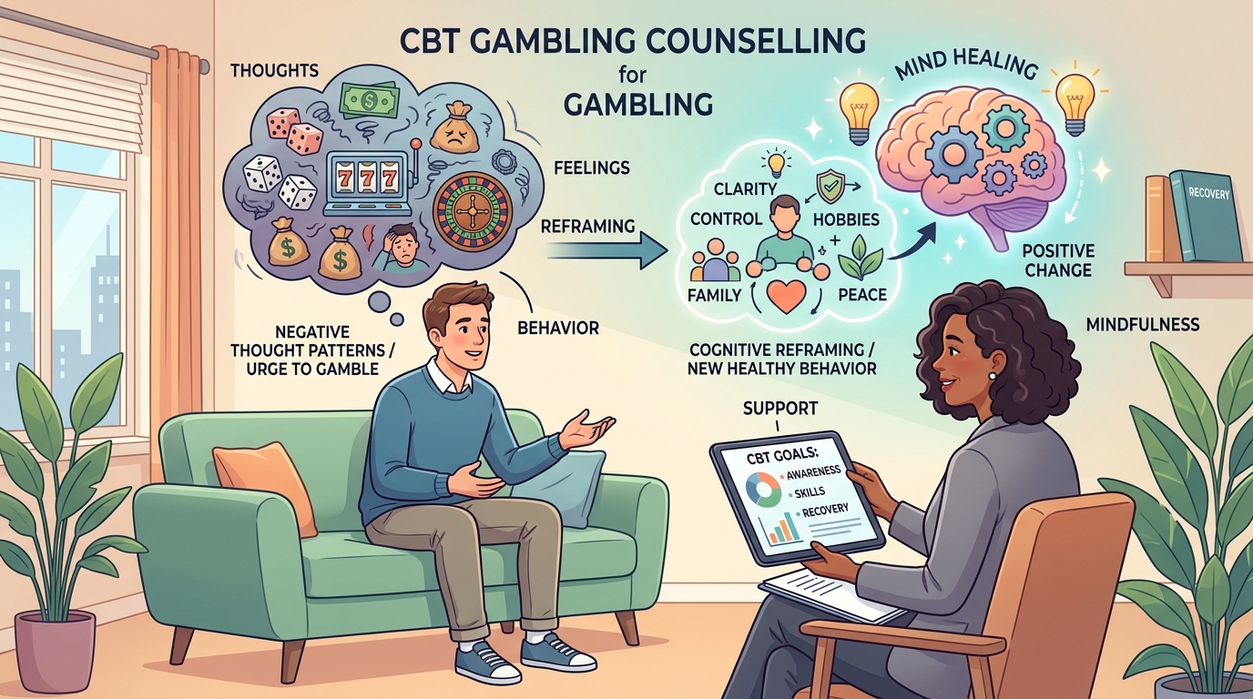 Cognitive Behavioral Therapy (CBT) gambling counselling session illustration showing psychological reframing, therapist consultation, and emotional healing.