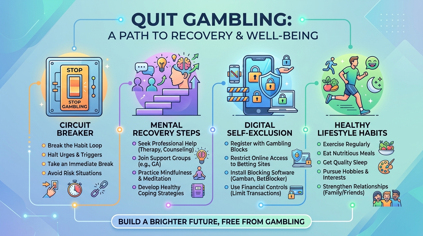 Comprehensive step-by-step infographic guide on how to quit Satta King, featuring digital self-exclusion, mental recovery phases, and habit tracking.
