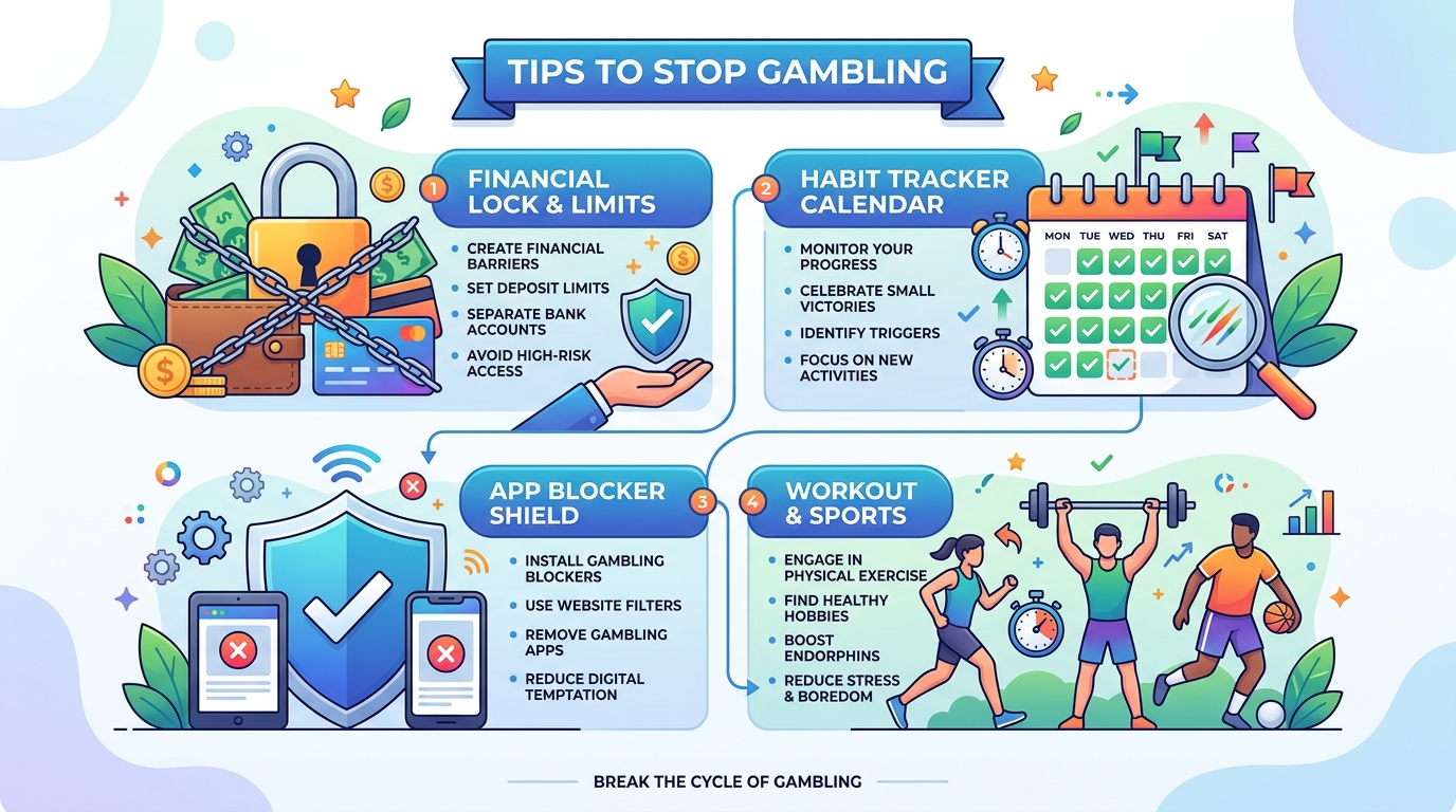 Vector infographic illustration detailing 15 practical tips to stop gambling immediately, bank lock features, habit tracker calendar, and daily routine adjustments.